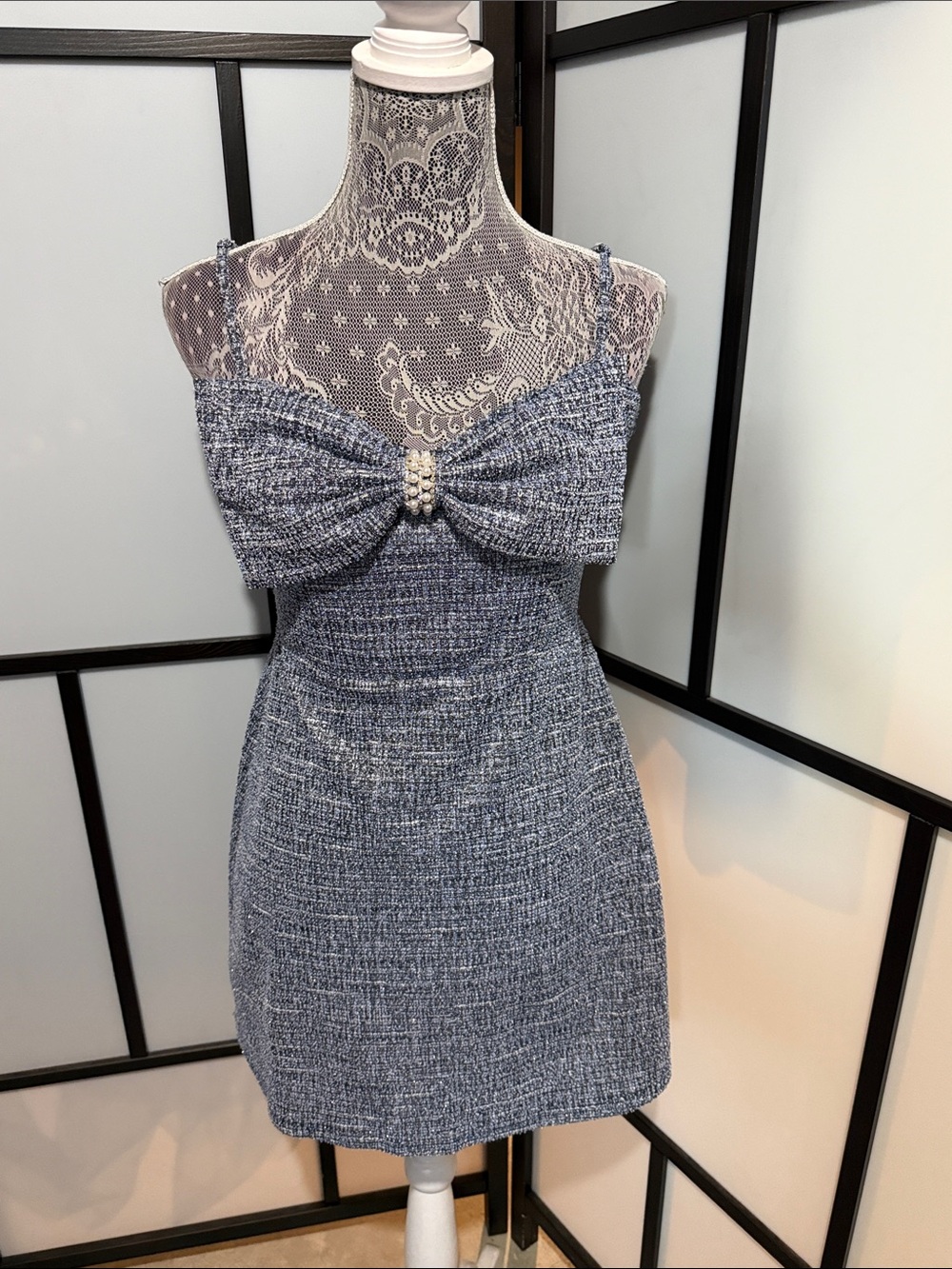 Trixxi Blue Tweed Mini Dress with Pearl Cluster